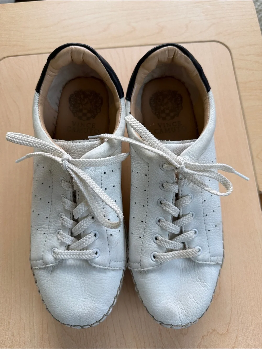 Vince Camuto White Leather Espadrille Platform Sneaker with Brown Heel Tab